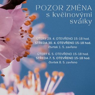 🌸 Následující dva týdny se uvidíme výjimečně v ÚTERÝ a STŘEDU od 15 do 18 hodin. Ve čtvrtky 1. 5. a 8. 5. bude zavřeno –...